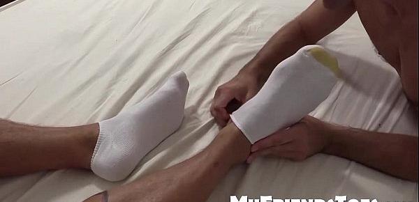  Sebastian jerks his dick and gets foot worship from Cameron